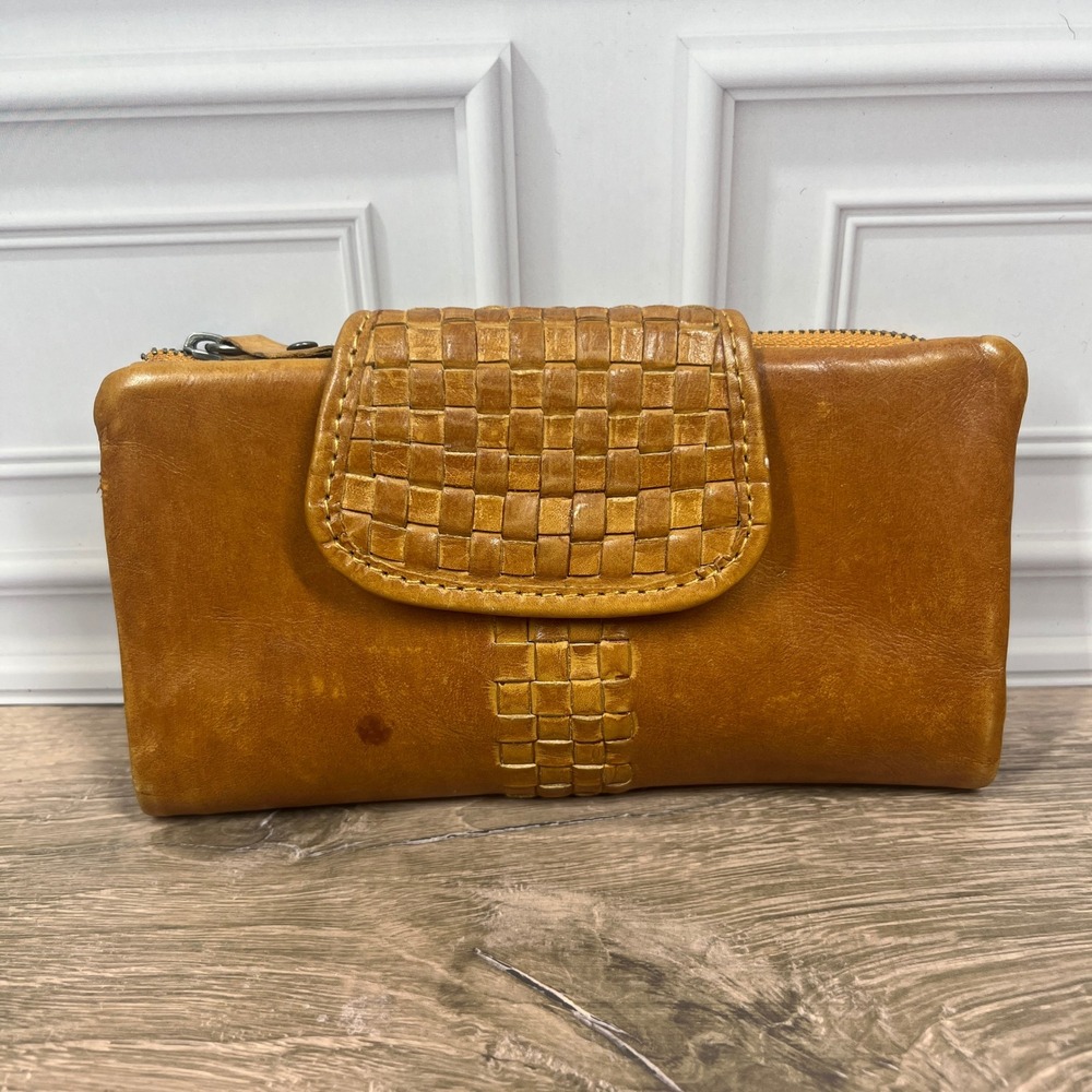 Guang Tong Leather Woven Wallet Tan Basketweave Bifold Clutch Zip Made in India